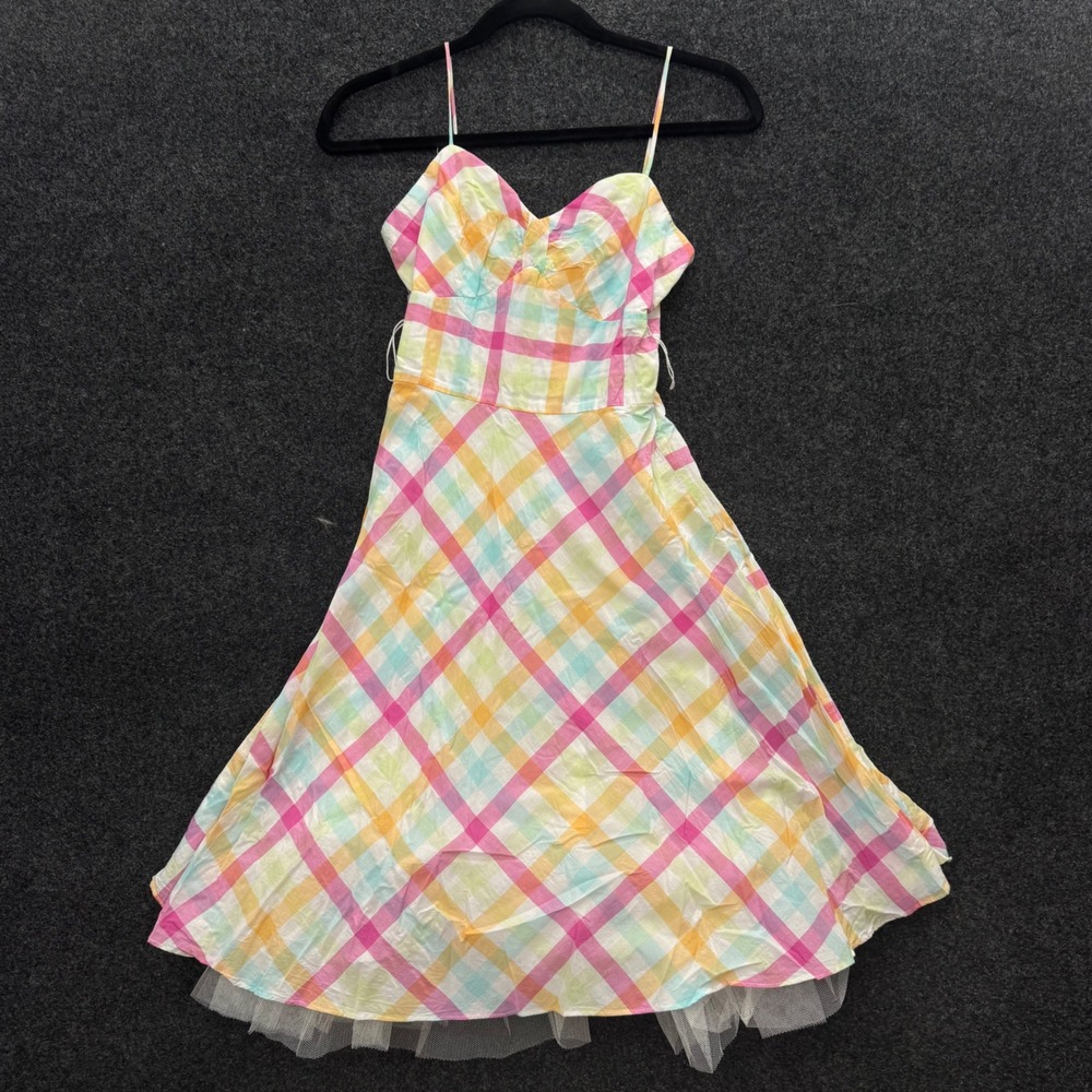 Vintage B. Smart Rainbow Plaid Tulle Sundress Pastel Cotton Fit Flare Size 3/4